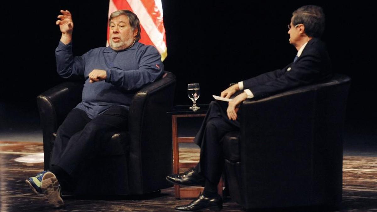 Apple co-founder Steve Wozniak (left) appeared last month at the Economic Club of Southwestern Michigan with its president, Mike Cook.