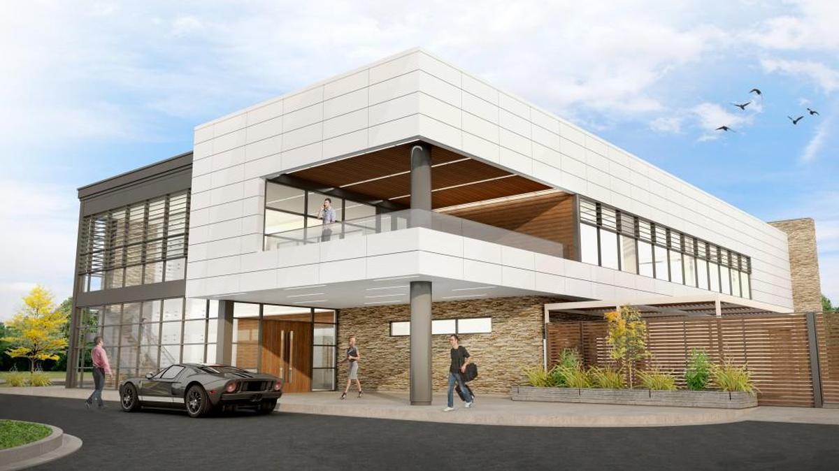 This is an architectural rendering of the Fishtech Labs office building under construction at 13333 Holmes in south Kansas City.