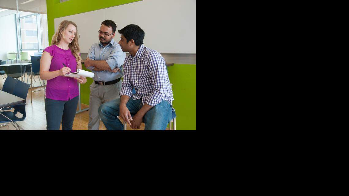 Whitney Grither, Hirak Biswas (center) and Anurag Agarwal struggled with “murky” policies governing immigrants with their startup, PCV Therapeutics.<252><137>PCV Therapeutics LLC co-founders included graduate students Whitney Grither, Hirak Biswas and Anurag Agarwal.<252><137>