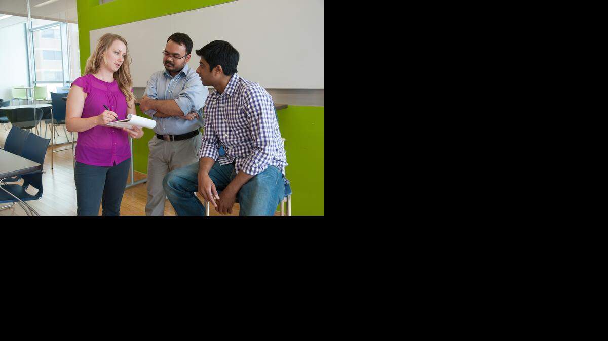 Whitney Grither, Hirak Biswas (center) and Anurag Agarwal struggled with “murky” policies governing immigrants with their startup, PCV Therapeutics.<252><137>PCV Therapeutics LLC co-founders included graduate students Whitney Grither, Hirak Biswas and Anurag Agarwal.<252><137>