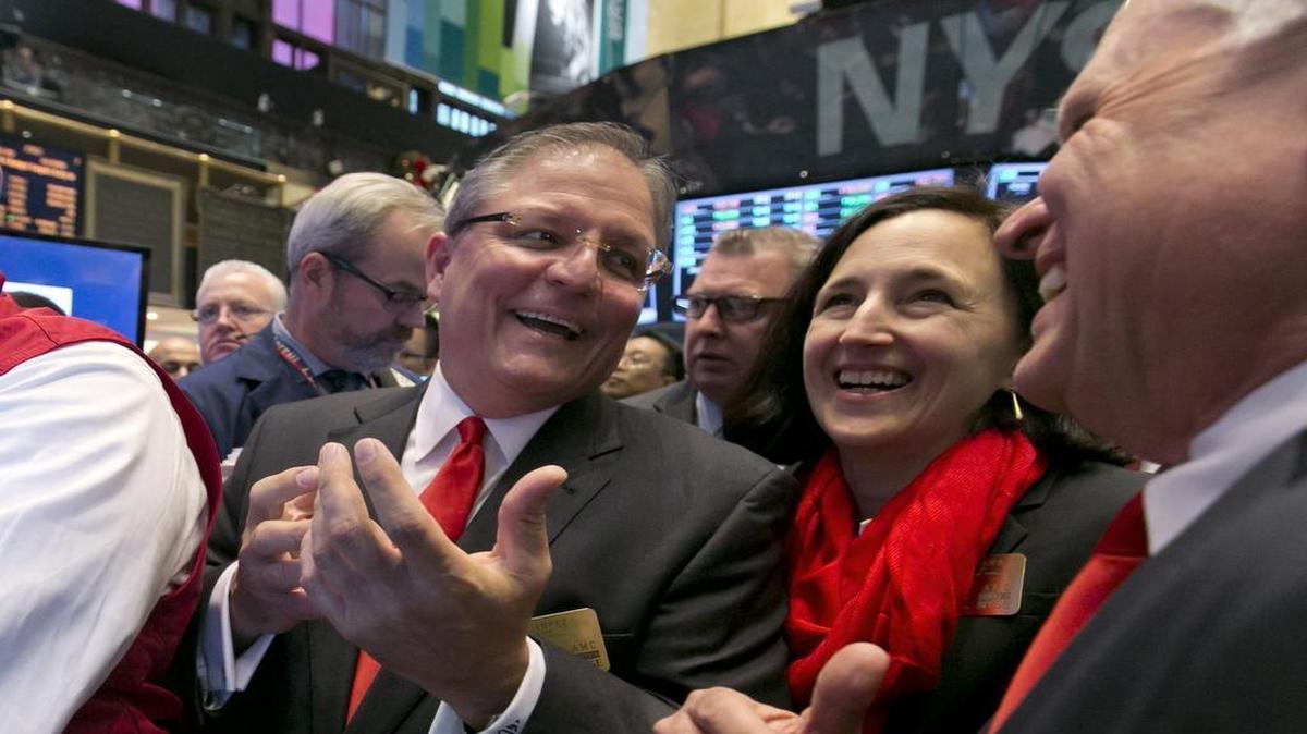 
In December 2013, when AMC Theaters went public, president and CEO Gerry Lopez (center) was at the New York Stock Exchange with his chief content and programming officer, Elizabeth Frank, and CFO Craig Ramsey (right), who now will be interim CEO.

