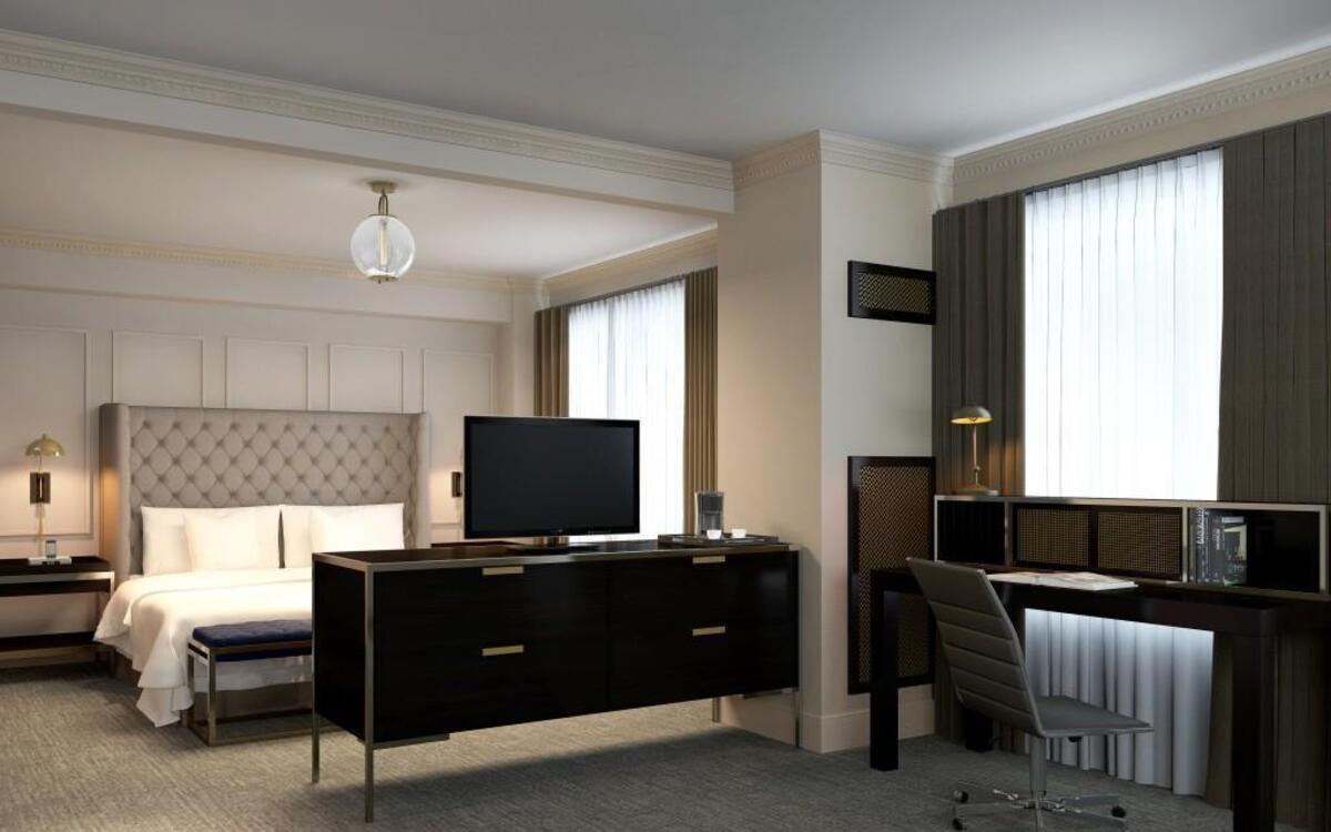 This rendering shows what a remodeled room at the Hotel Phillips will look like.