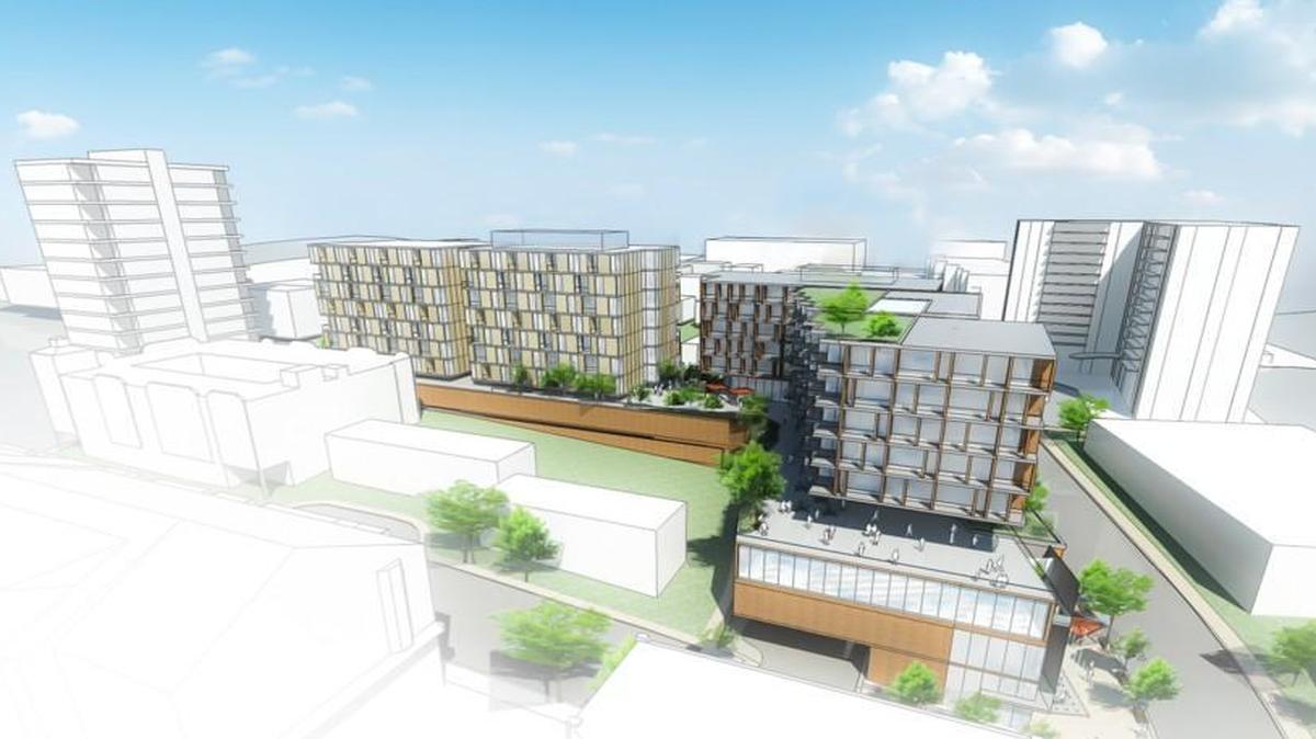 A rendering shows the new plan for the project just north of the Plaza.
