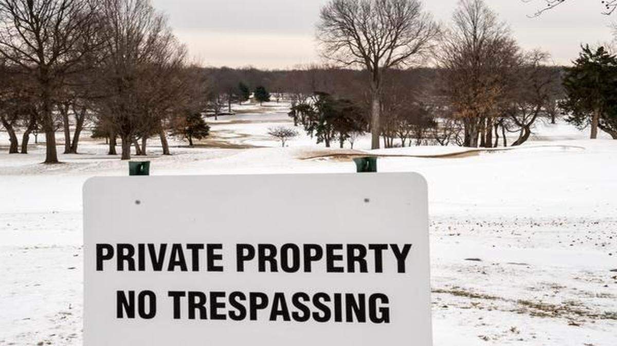 
As the sign says, it’s private property now — but someday much of this tract of the former Meadowbrook country club will be a public park. The area is in southern Prairie Village; this view (seen Thursday) looks east from the clubhouse.
