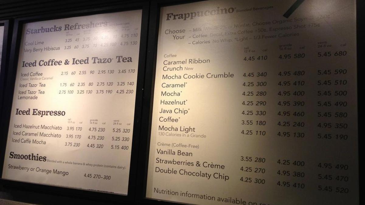 
A menu board at a New York Starbucks already shows calorie counts.
