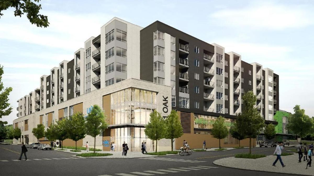 This rendering shows the apartment and Whole Foods complex under construction at 51st and Oak streets, across from the campus of the University of Missouri-Kansas City.