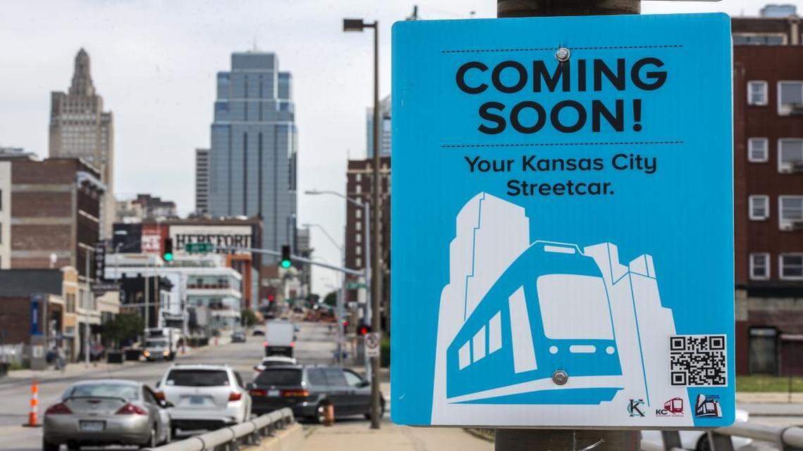 
Street signs promoting the new Kansas City downtown streetcar line are posted on poles along Main Street during the construction phase of the project.
