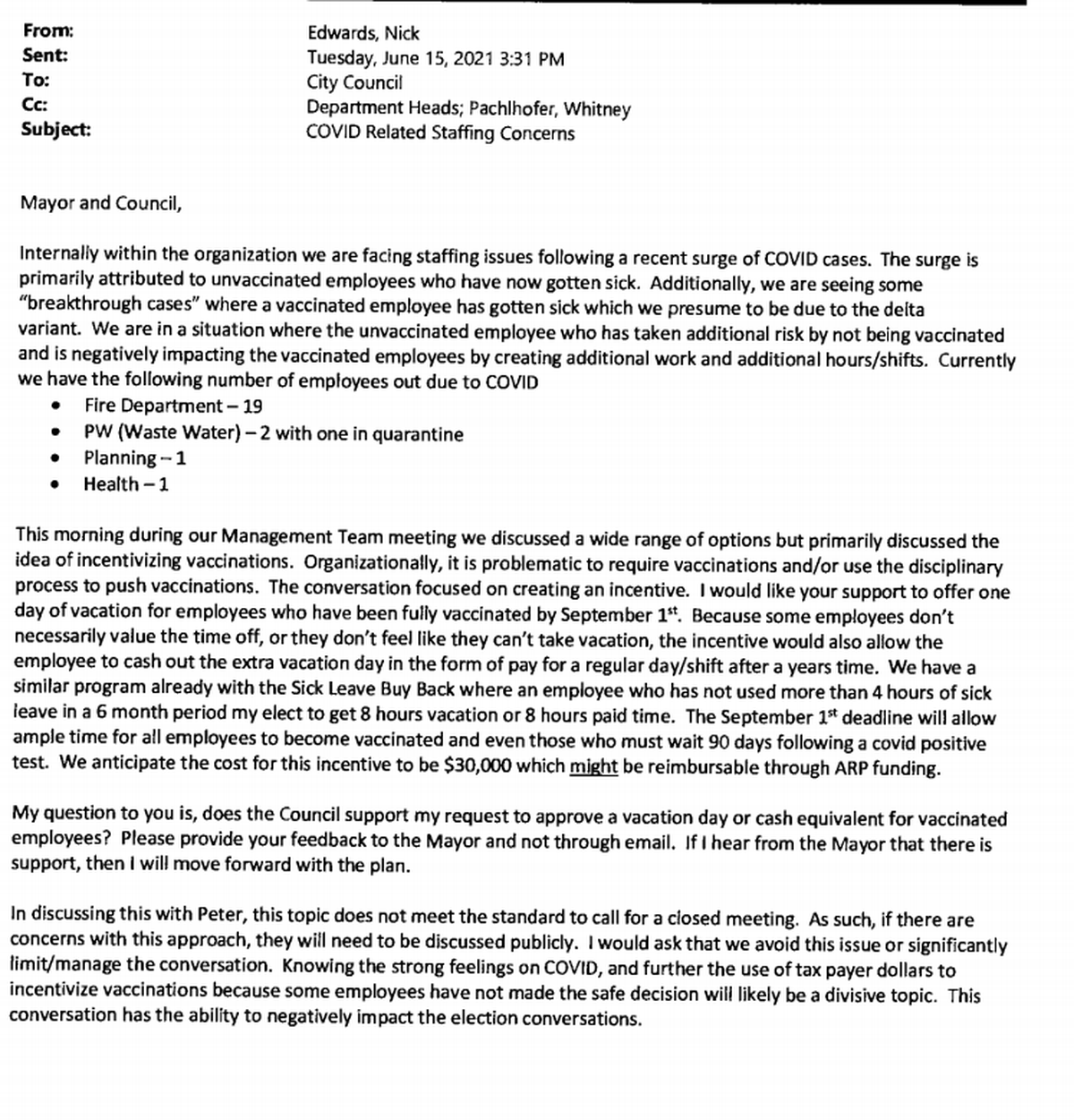 An email from Joplin City Manager Nick Edwards to city council members about a potential vaccination incentive program for municipal employees.