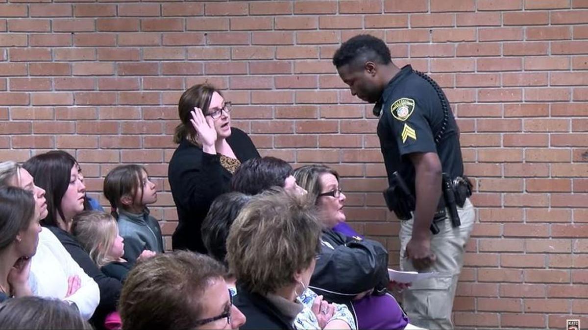 Deyshia Hargrave is seen talking to the Vermilion Parish School District’s board meeting on Monday night before she was arrested.