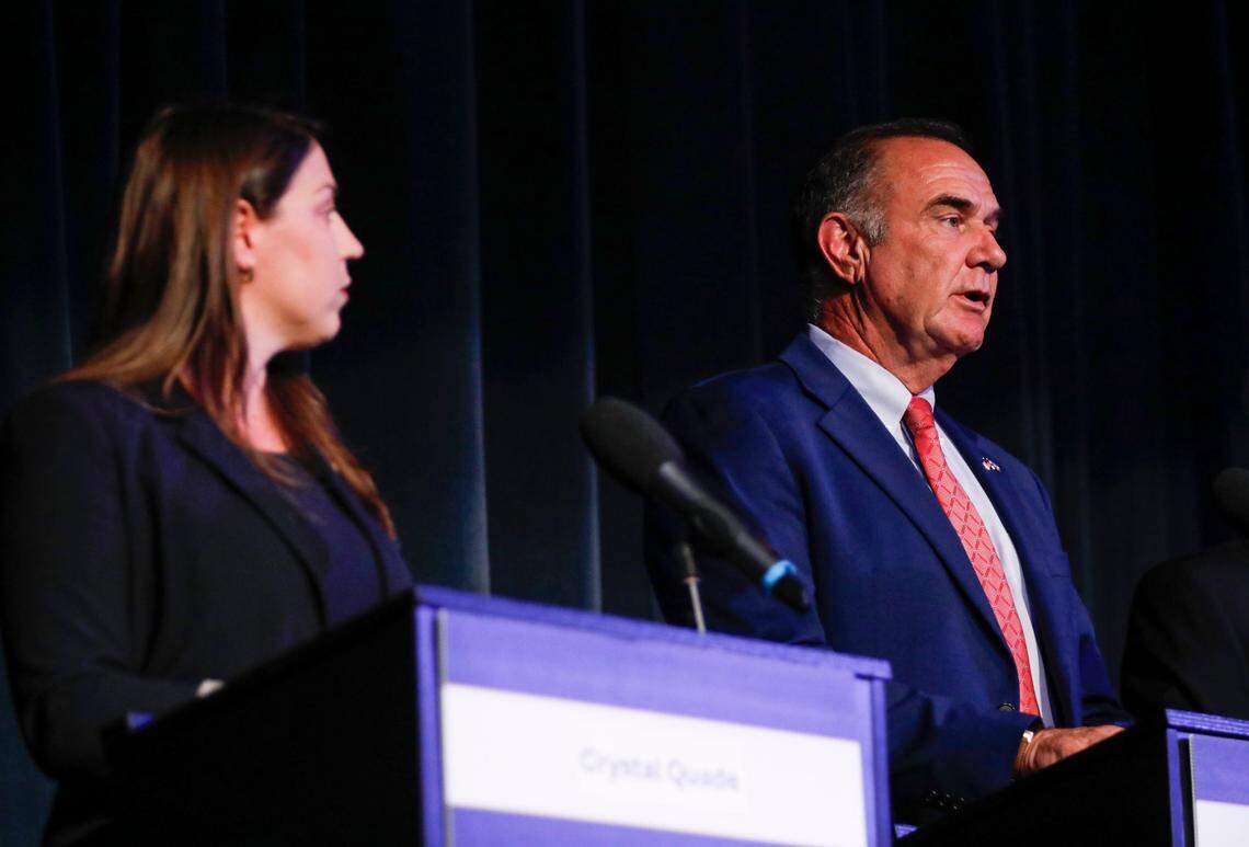Candidates for Missouri governor, Democrat Crystal Quade and Republican Mike Kehoe, took part in a political forum hosted by the Missouri Press Association in September.