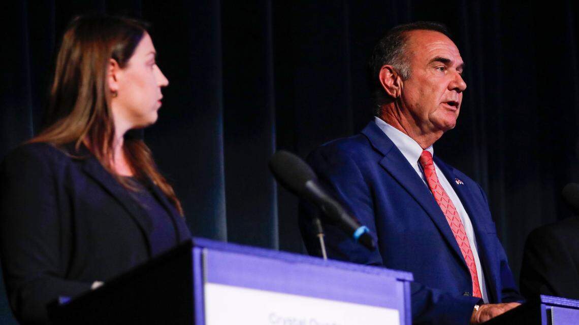 Candidates for Missouri governor, Democrat Crystal Quade and Republican Mike Kehoe, took part in a political forum hosted by the Missouri Press Association in September.