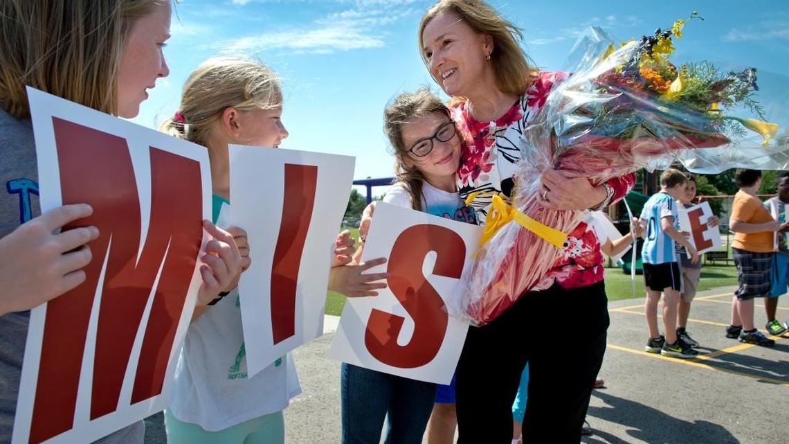 
Being named Missouri’s teacher of the year came as a big surprise Wednesday to Linda Glasgow; her students and others at John Nowlin Elementary School in the Blue Springs School District teamed up to help her celebrate the honor. Her students from last year held letters spelling out “Missouri teacher of the year”; each received a hug, including Harley Boley, who held the letter S.


