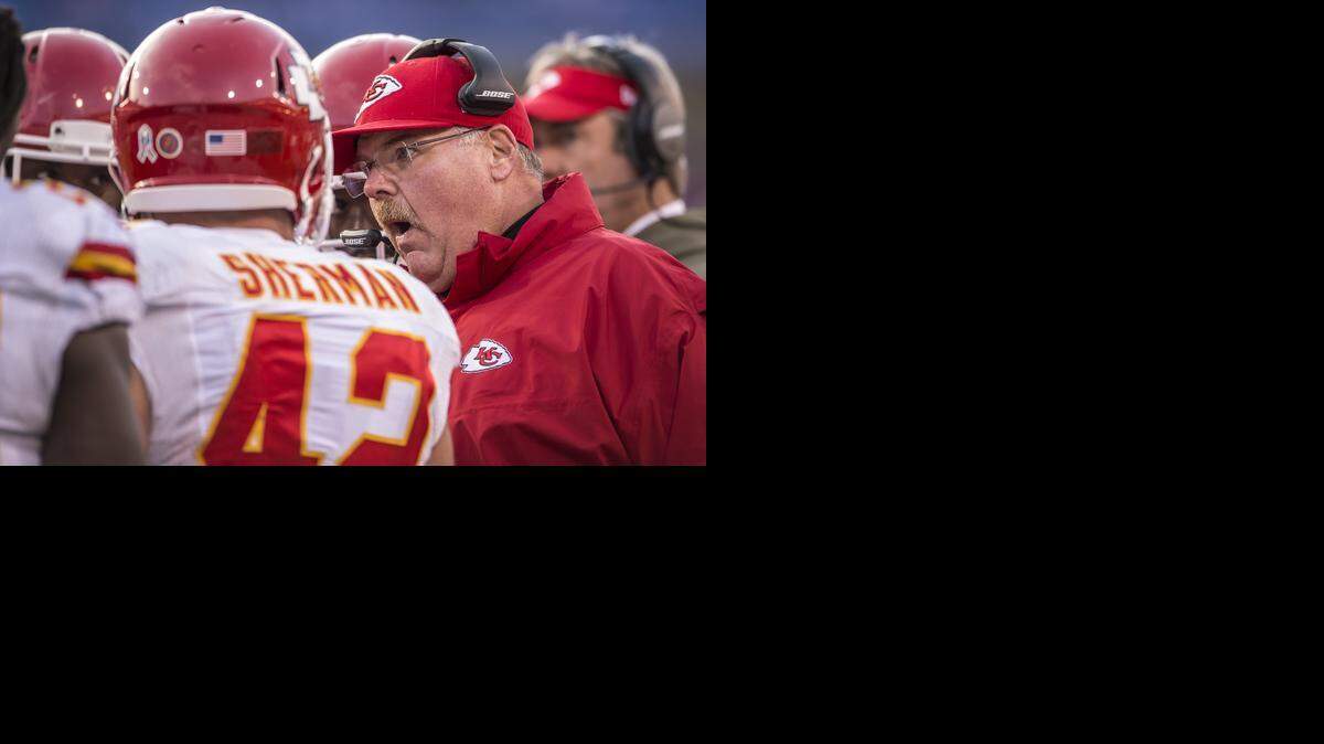 
Kansas City Chiefs head coach Andy Reid spoke to his offense before their final offensive possession against the Buffalo Bills during NFL action on November 9, 2014 at Ralph Wilson Stadium in Orchard Park, NY. The Chiefs won 17-13.
