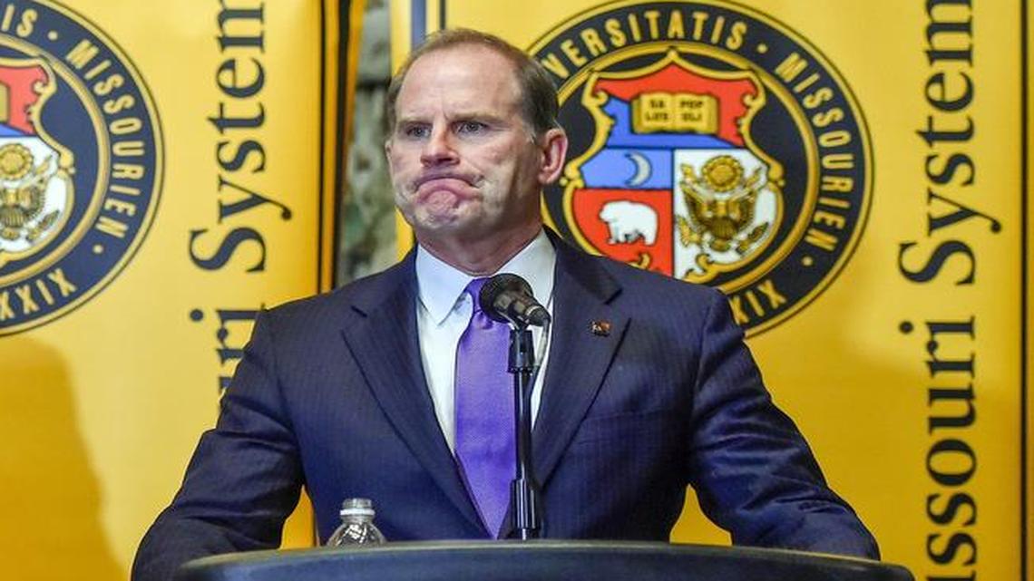 Former University of Missouri system president Tim Wolfe (right), stood next to curators chair Donald Cupps on Nov. 9, 2015.