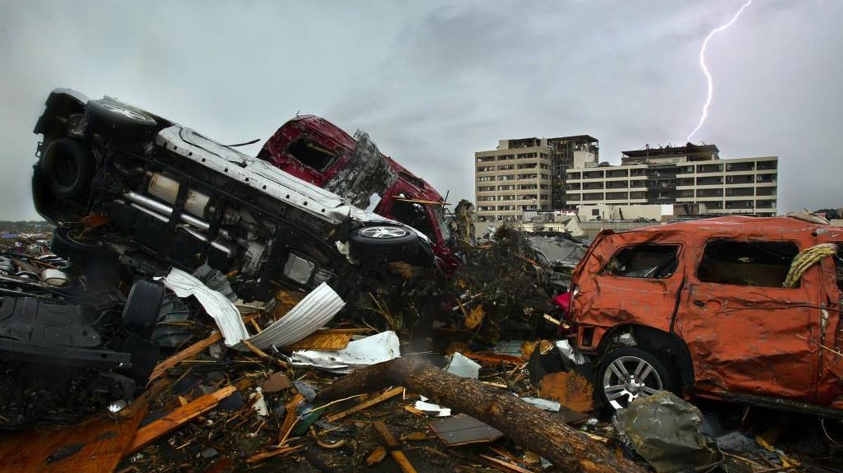 Lightning struck the roof of the St. John’s Hospital in Joplin on Monday afternoon, May 23, 2011, after a tornado swept through the city on Sunday evening.