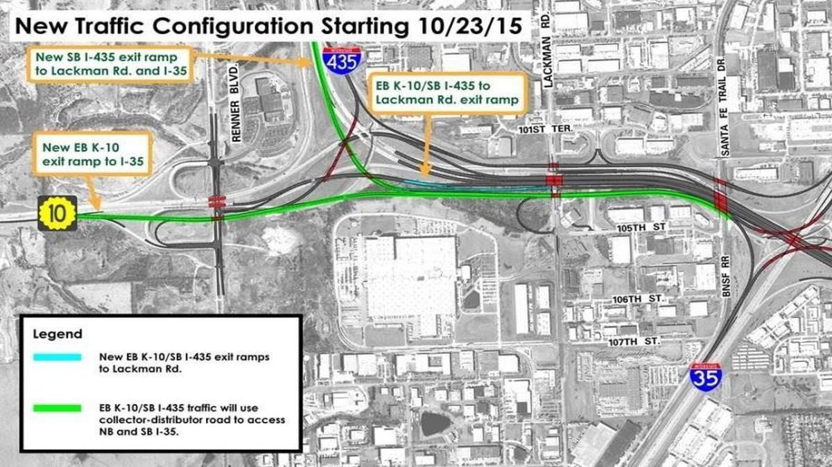A major traffic switch is taking place at 5 a.m. Friday that will require drivers to pay extra attention or they might miss their exit at the Interstate 35 and Interstate 435 interchange. The new eastbound collector-distributor road that takes motorists from eastbound Kansas 10 and southbound Interstate 435 to northbound and southbound Interstate 35 is completed and will open to traffic.