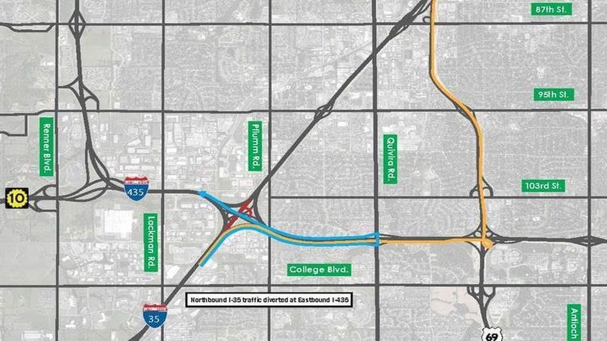 
The Kansas Department of Transportation on Monday released this map of overnight lane closures that are scheduled this week at Interstates 35 and 435 in Johnson County as bridge construction continues. 
