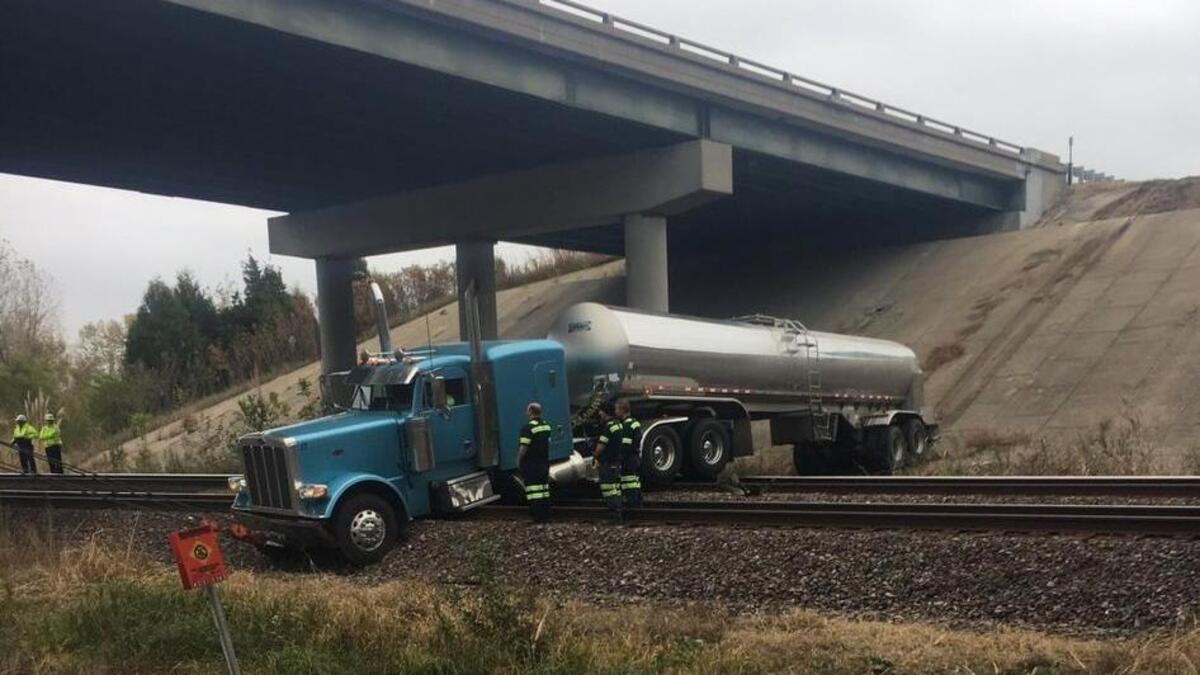 A tanker truck veered off of northbound Interstate 435 about 1 p.m. Wednesday and crashed on the railroad tracks alongside Kansas 32. The tanker was empty and there were only minor injuries, the patrol reported.