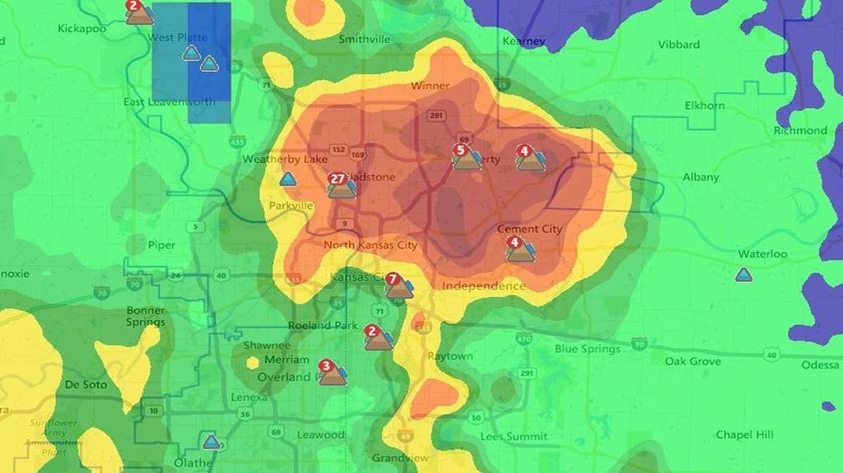According to a Kansas City Power & Light power outage map, close to 75 outages were reported Thursday night which affected more than 3,900 customers. Most of the outages were in the Gladstone area.