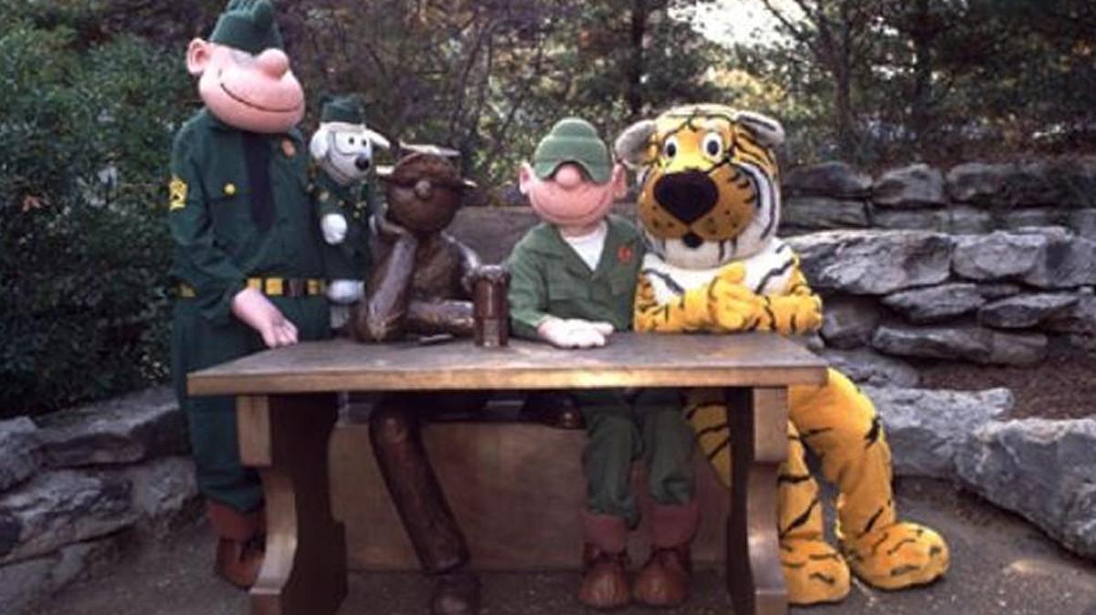 A statue of the fictional Army private Beetle Bailey sits in a booth on the University of Missouri’s Columbia campus, where creator Morton Walker graduated in 1948.