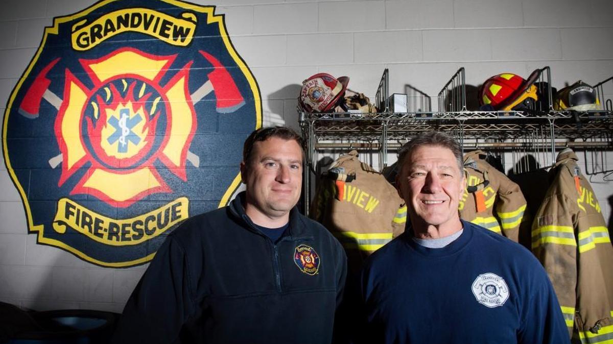 Especially grateful this Thanksgiving is Grandview Fire Department Capt. Alan Dugan (right), who survived being trapped inside a burning building Oct. 5. Firefighter Sean D’Agostino (left) was outside the building and helped rescue Dugan, who suffered multiple burns.