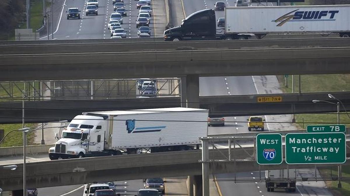 A rollover wreck killed the driver of a tractor-trailer early Monday on an Interstate 70 exit ramp in Kansas City. The truck rolled as it left westbound I-70 and turned onto the ramp to southbound Interstate 435 about 4 a.m. The interchange is pictured in this 2009 file photo.