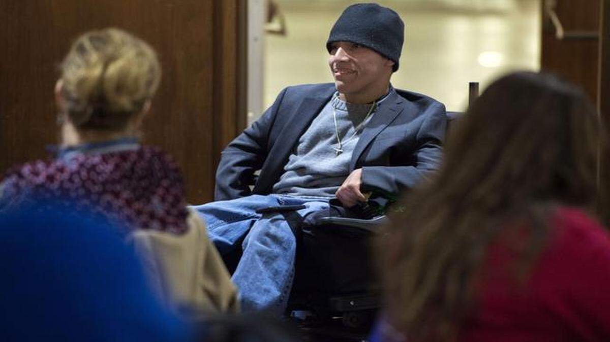
Ricky Hernandez, a Merriam resident with cerebral palsy, performed a comedy routine for fellow students during a talent show last month in the Student Union at the University of Kansas.
