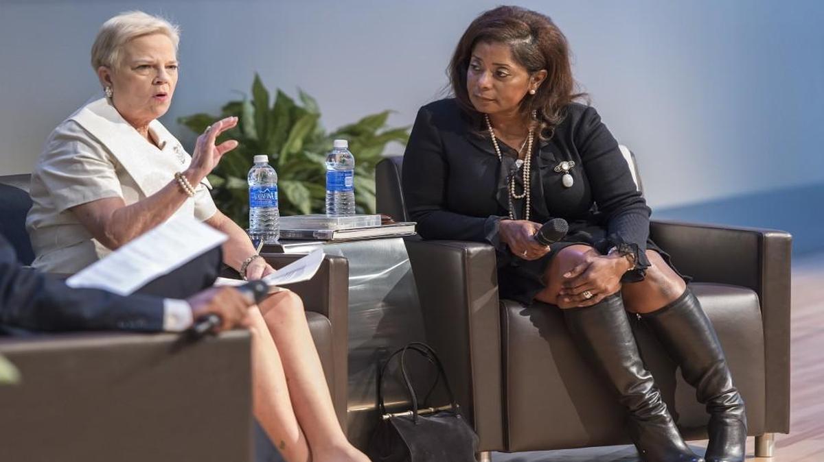Appearing in Kansas City in January 2015, Peggy Wallace Kennedy (left), daughter of the late Alabama Gov. George Wallace, spoke with Donzaleigh Abernathy, daughter of the late civil rights activist the Rev. Ralph Abernathy. They talked in an auditorium of Burns & McDonnell in Kansas City, speaking about the civil rights marches in Selma, Ala., 50 years earlier.