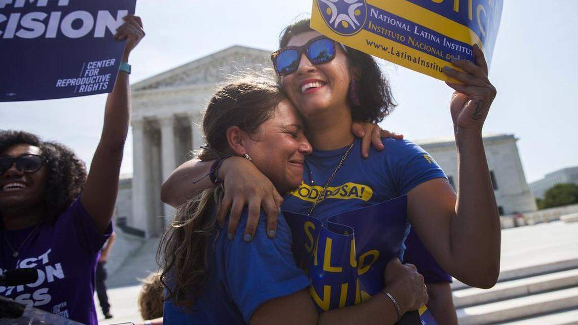 Bethany Van Kampen (left) hugged Alejandra Pablus on Monday as they celebrated after the Supreme Court struck down Texas’ regulation of abortion clinics. The justices voted 5-3 in favor of Texas clinics that had argued the regulations were a thinly veiled attempt to make it harder for women to get an abortion in the nation's second-most populous state.