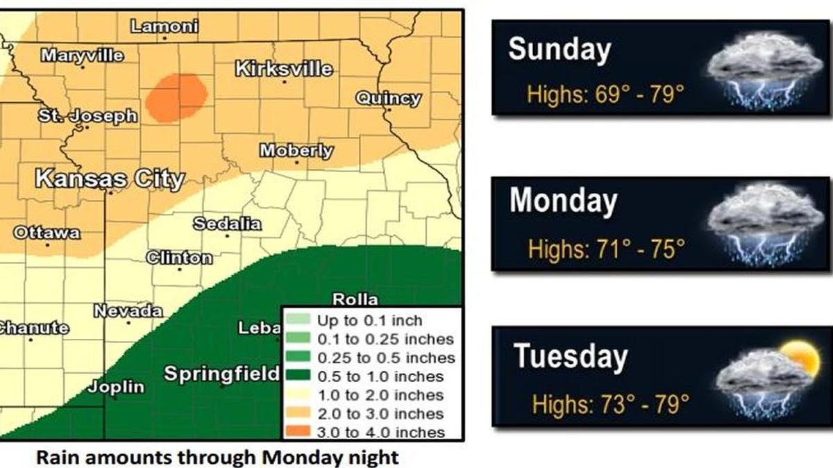 Storms lay ahead for the Kansas City area this weekend, with up to two inches of rain by Monday.