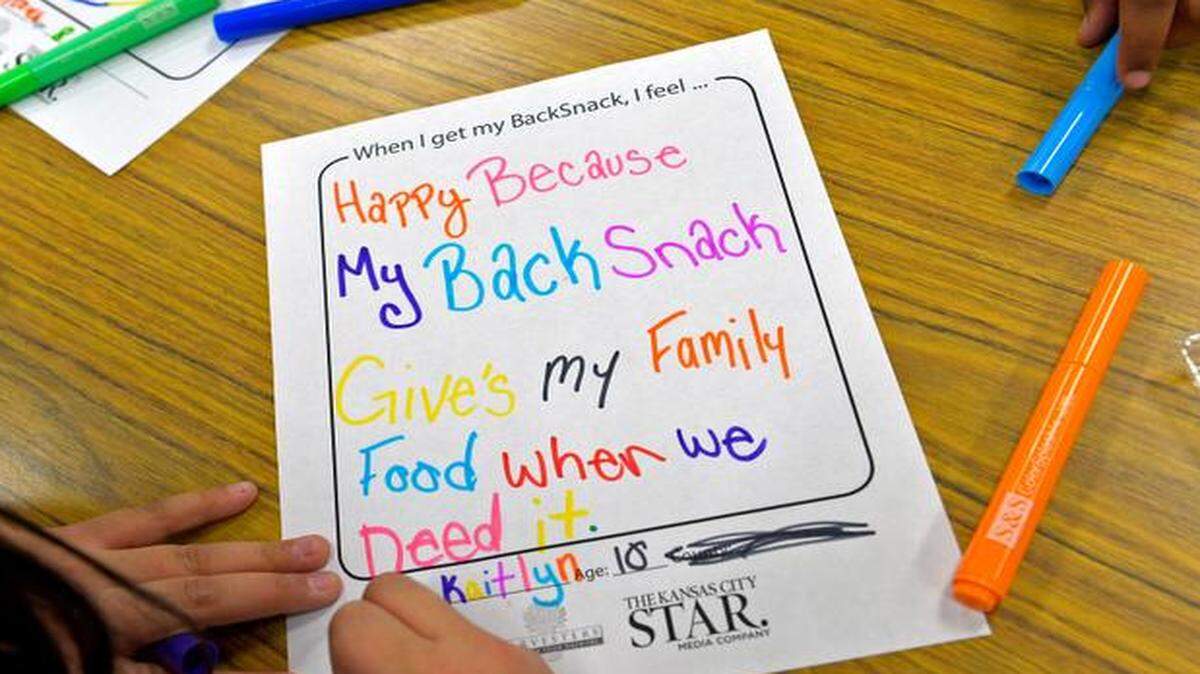 
Children in the Center School District made colorful notes and pictures to express their feelings about the BackSnack packs of food they receive on Fridays to take home for the weekend.
