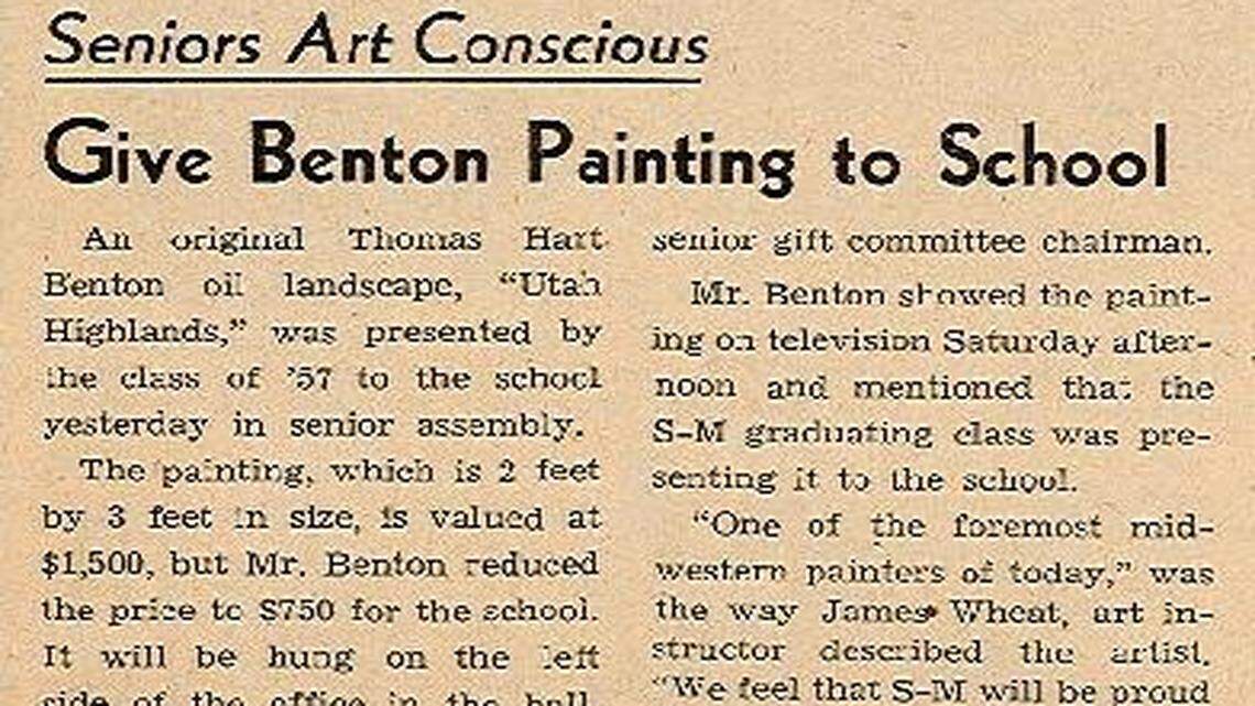 
An article in the May 17, 1957, edition of the Shawnee Mission High School paper, The Mission, says a painting by Thomas Hart Benton was a gift from the senior class of 1957.
