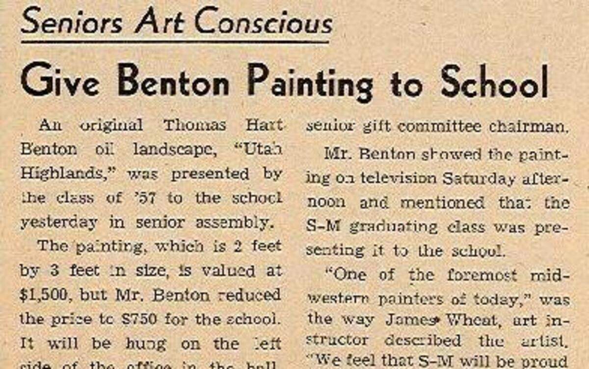 
An article in the May 17, 1957, edition of the Shawnee Mission High School paper, The Mission, says a painting by Thomas Hart Benton was a gift from the senior class of 1957.
