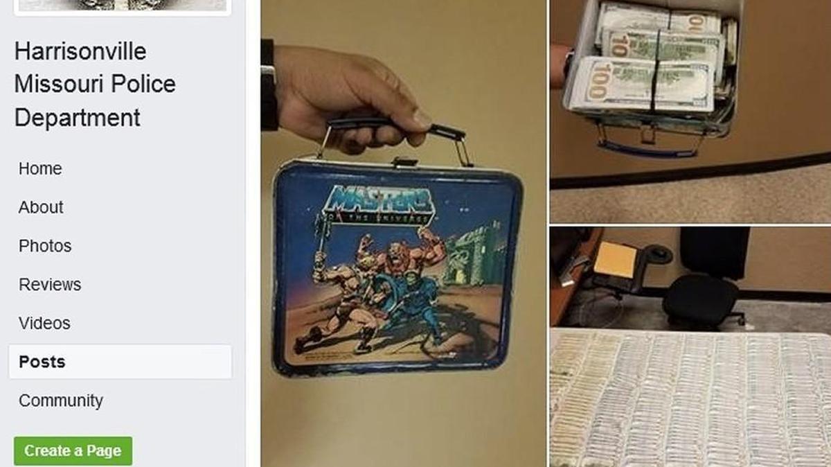 The Harrisonville Police Department posted photos to Facebook, writing that a drug post resulted in the discovery of an old Masters of the Universe lunchbox with more than $32,000 inside.