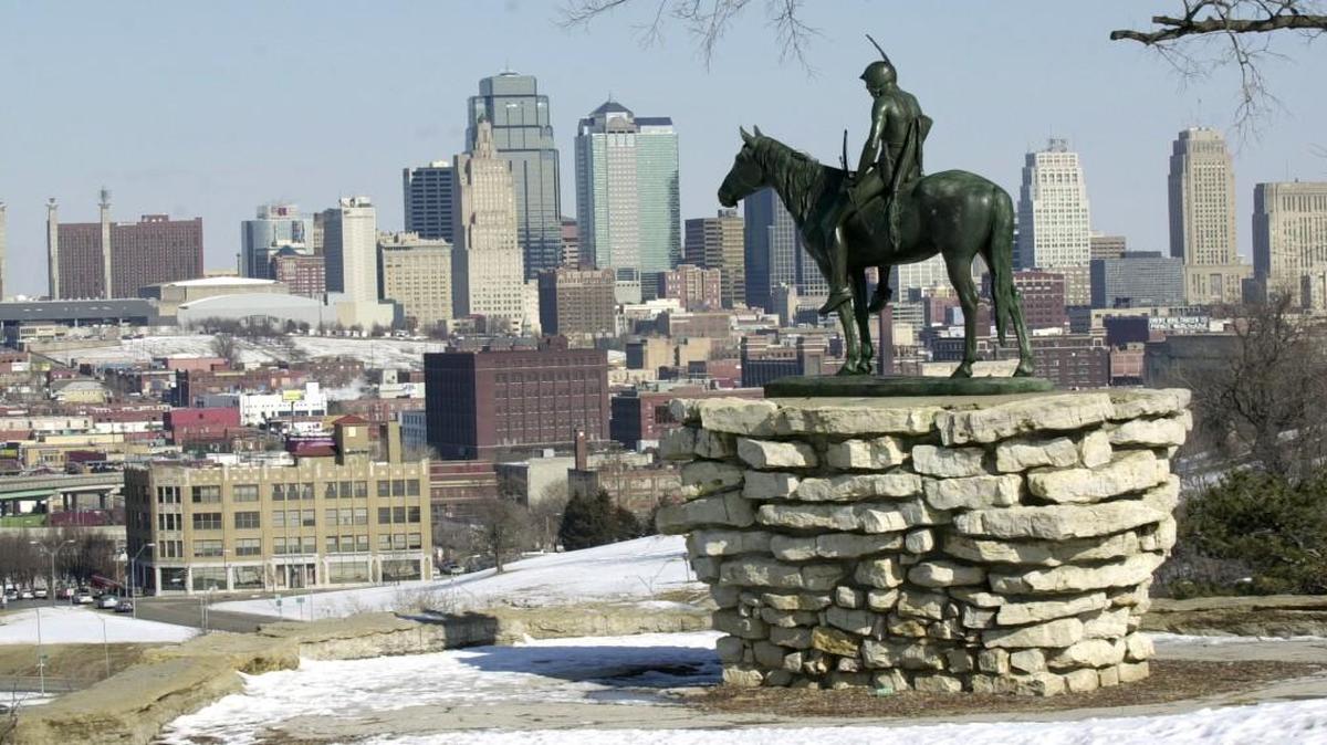 “The Scout” statue in Penn Valley Park looks out over downtown Kansas City.