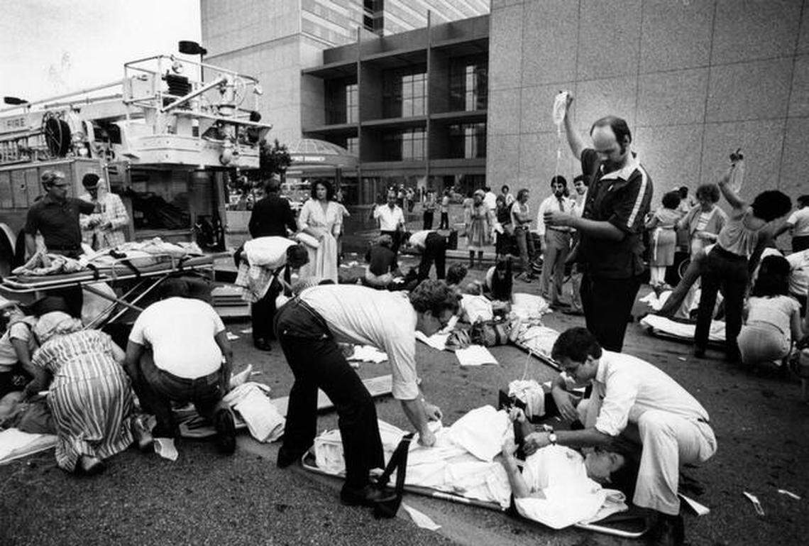 The first ambulance reached the Hyatt by 7:11 p.m. In the next seven minutes, seven ambulances would be at the scene, with more on the way.