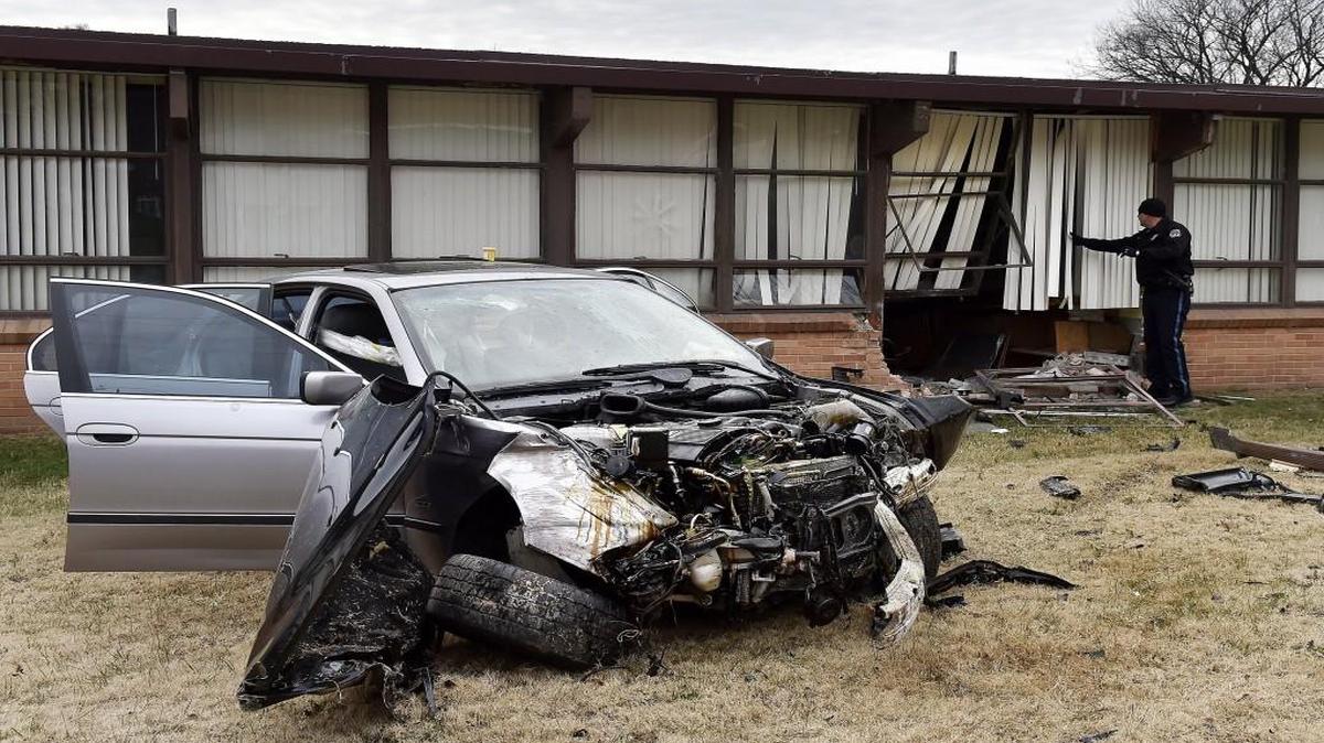 A car crashed into the Grace Lutheran Church at 3333 Wood Ave. in Kansas City, Kan., about 2:10 p.m. Thursday. The driver did not appear to be seriously injured but was taken to a hospital to be checked out. A juvenile in the car also had minor injuries, but no one was injured in the building.
