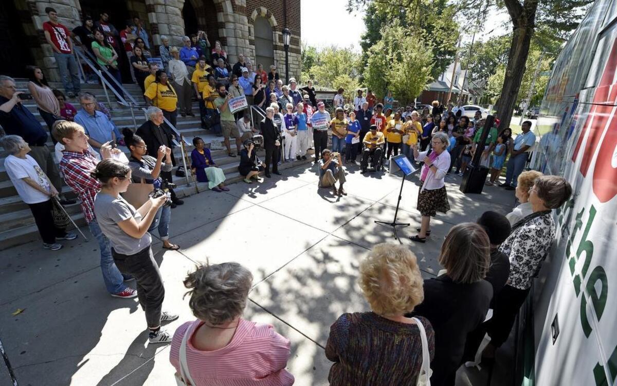 
During a rally Friday at St. Anthony’s Church at 309 Benton Blvd., Sister Simone Campbell spoke about social and racial justice, as well as wage disparity and immigration.
