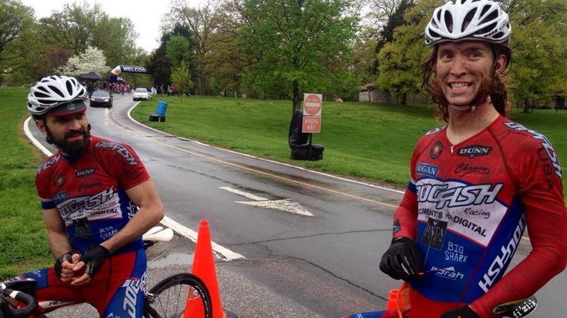 Casey Saunders (right) who died in a bicycle race crash Sunday in Kansas City, was regarded as one of the sport’s most tenacious and kindest racers. Here, he competed in a 2015 race in St. Louis with teammate Scott Ogilvie.
