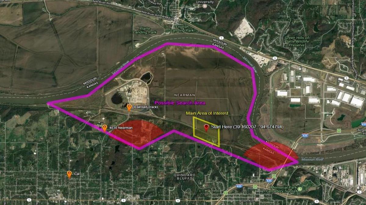 A map shows the area authorities have been focusing on during their 10-day search for 26-year-old Matthew Johnson of Kansas City, Kan. The search area is based off cell phone tower pings from Johnson’s phone.