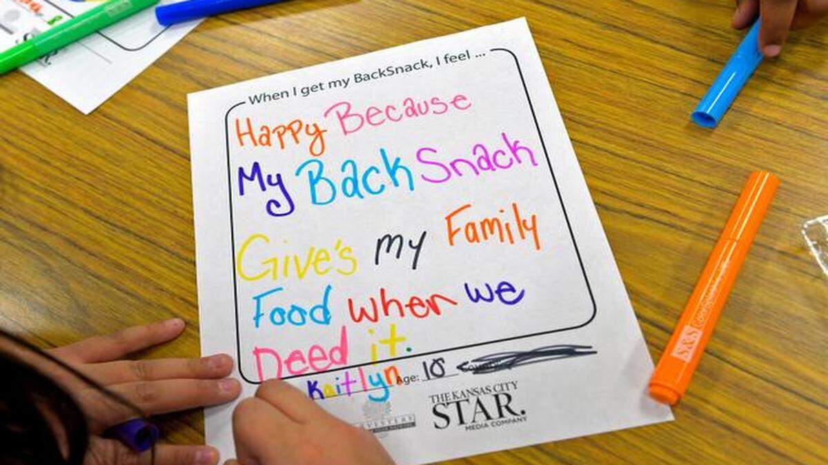 
Children in the Center School District recently made colorful notes and pictures expressing their feelings about the BackSnack packs of food they receive on Fridays to take home for the weekend.
