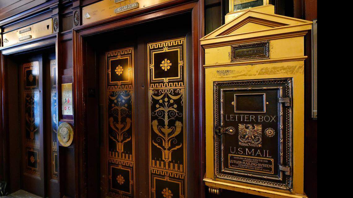 
The letter box and elevators in the lobby of the Muehlebach Hotel, which is celebrating its 100th year of existence. The hotel used to be the social hub of Kansas City. Harry Truman used it so much that it became known as the "other White House." 
