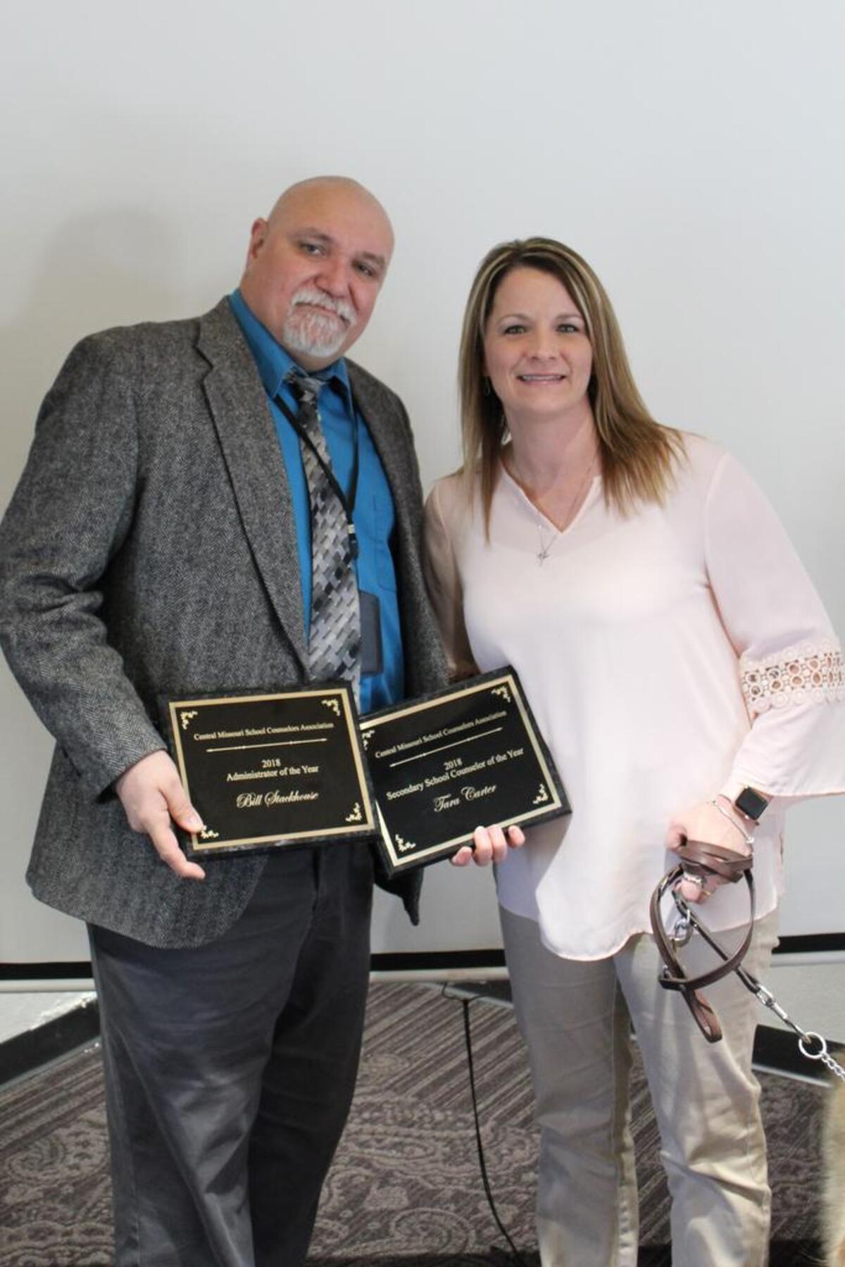 Bill Stackhouse and Tara Carter were named Principal and Counselor of the Year, respectively, by the Central Missouri School Counselors Association. They are credited with creating an environment at Sherwood High School that allows students to succeed.