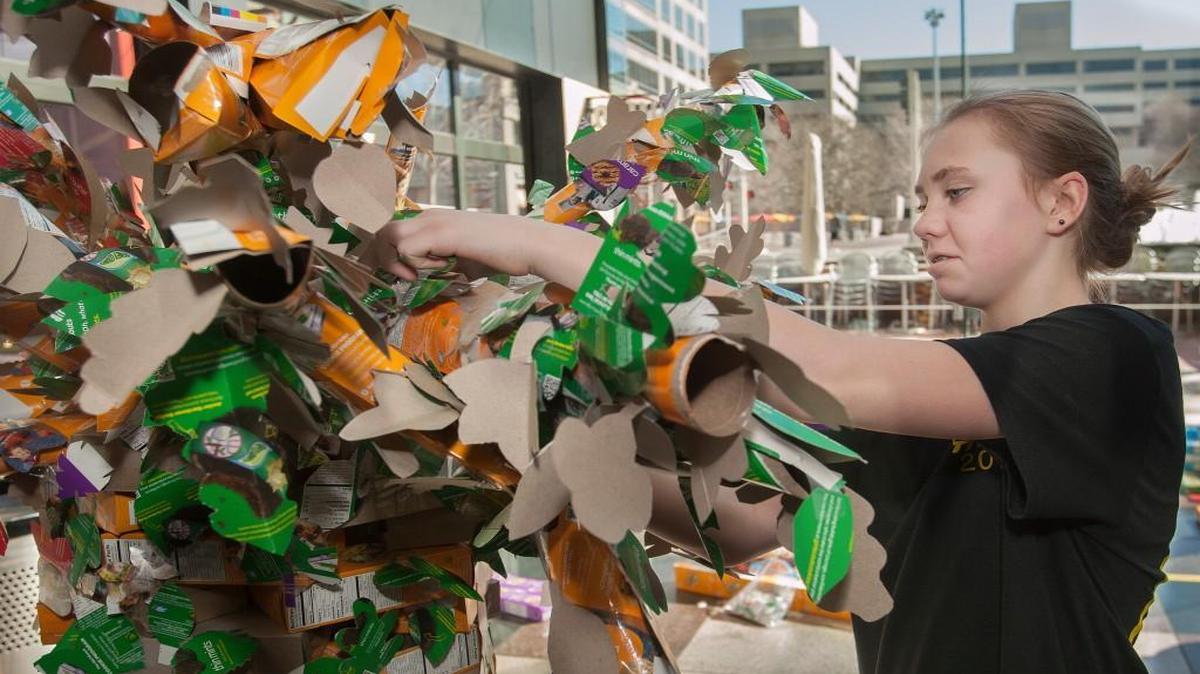 Corrina <folo> Roth, 12, of Girl Scout Troop 162 of Kansas City, worked on a tree for her teams Explore the Seasons build during the Girl Scouts of Northeast Kansas & Northwest Missouri Girl Scout Cookie Construction Build Day Saturday, March 5, 2016 at Crown Center. 100 Girl Scouts worked with female mentors from The American Institute of Architects and Women in Design over several months to plan their projects.
