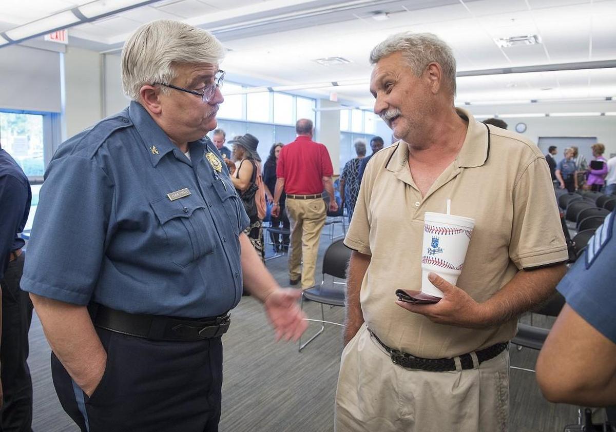Kansas City’s Interim Police Chief David Zimmerman spoke with Steve Walker of Kansas City at the 5th District Community Meeting on June 5 at the Southeast Community Center in Kansas City. Leland Shurin, a member of Kansas City Board of Police Commissioners, said Zimmerman was an “easy pick” for police chief.