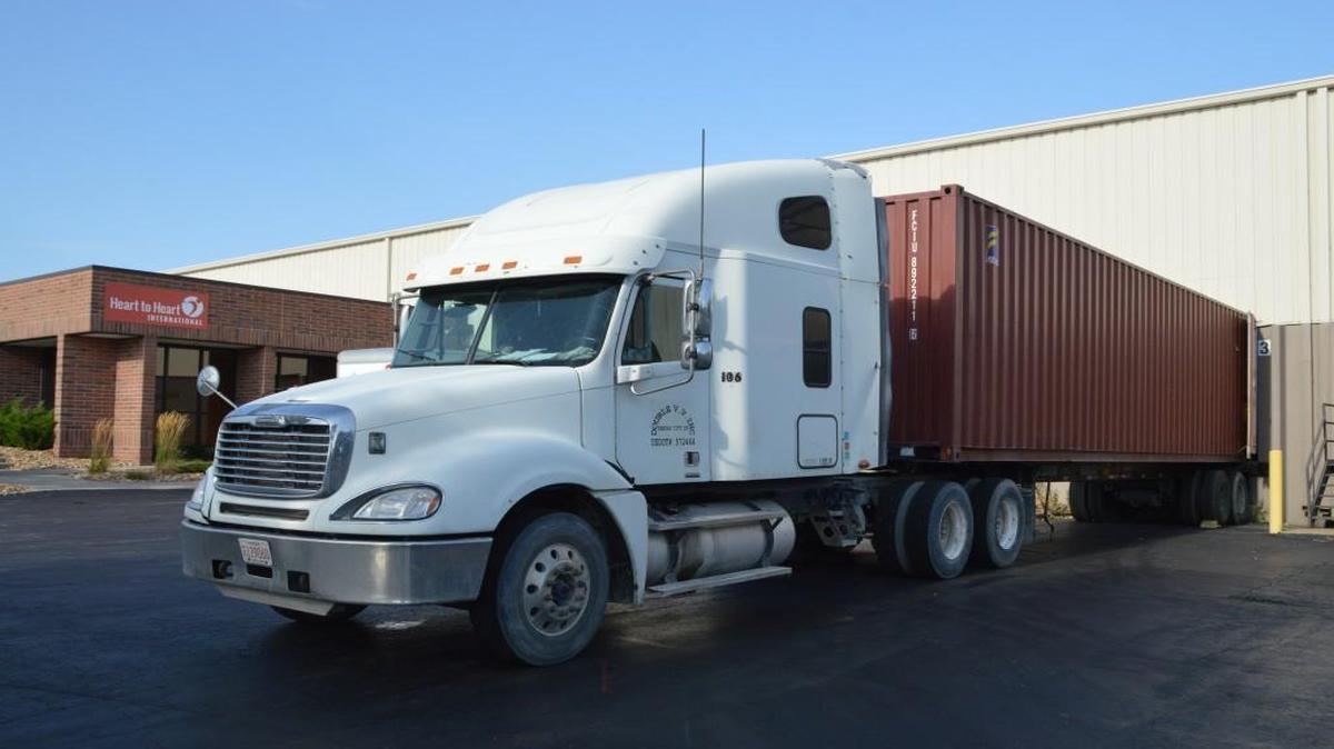 A truck at Heart to Heart International is loaded with hygiene kits destined for Turkey. Heart to Heart is sending 15,000 kits to help Syrian refugees.