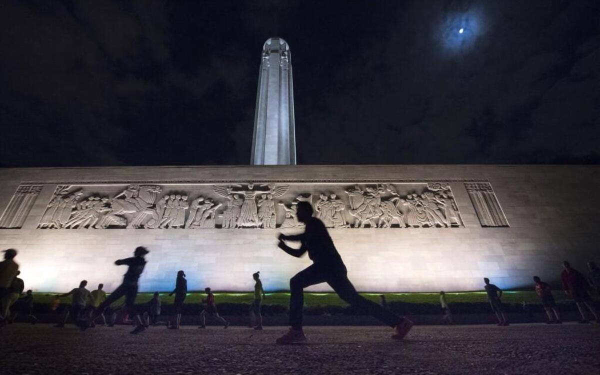 The Liberty Memorial tower basked in the moonlight above the Great Frieze as members of the November Project KC gathered for their predawn workout in October on the grounds of the National World War I Museum and Memorial. As the museum celebrates its 10th anniversary, the public will have a chance to view the Kansas City skyline at night from the top of the Liberty Memorial tower.