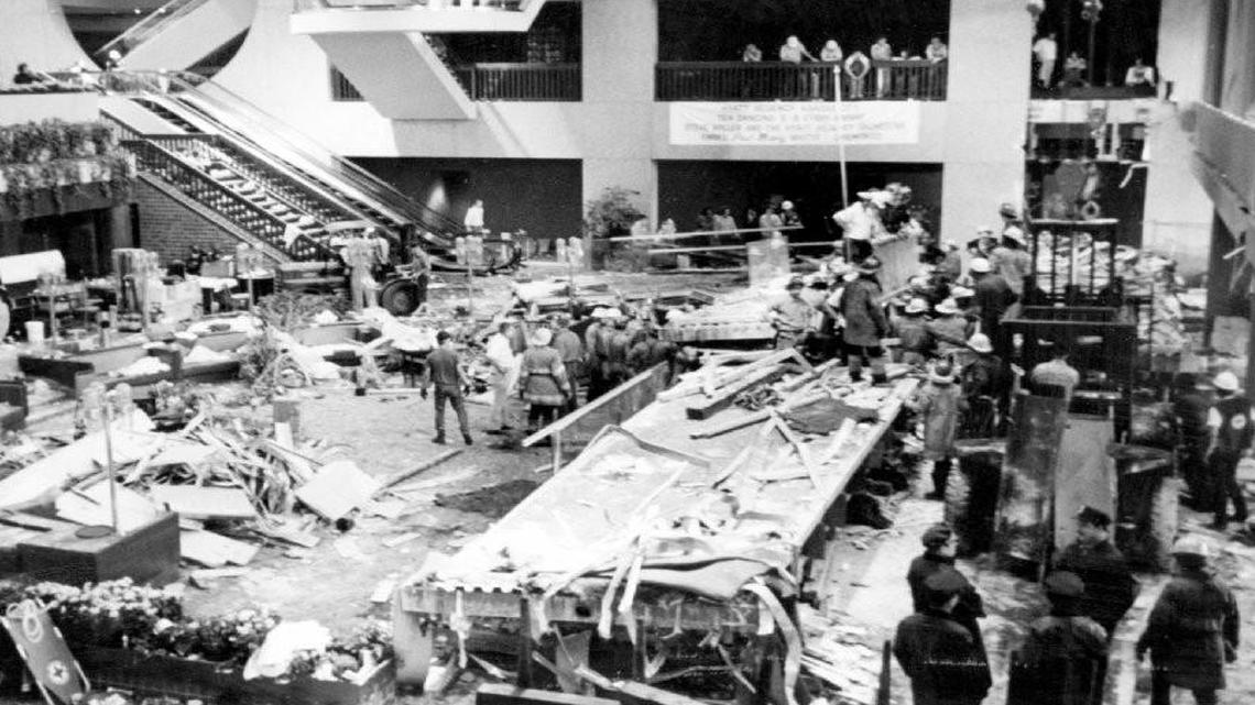 The lobby of the Hyatt Regency Hotel in Kansas City after two skywalks fell and killed 114 people on July 17, 1981.