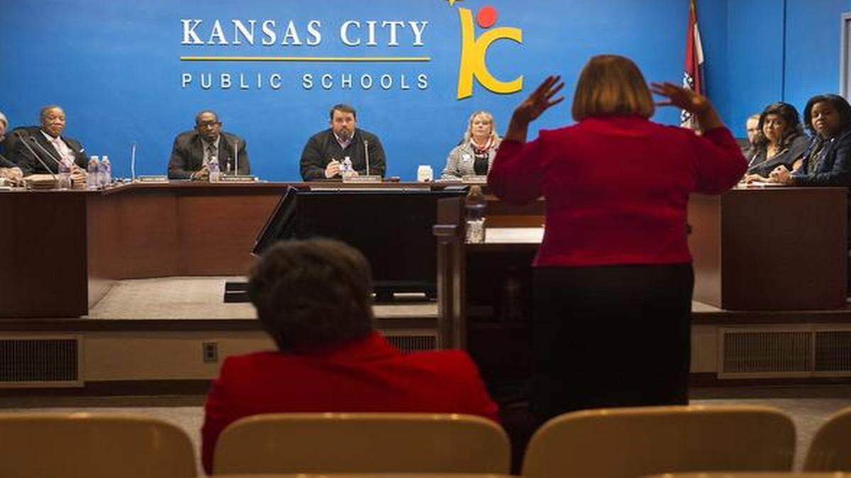 
Missouri Education Commissioner Chris Nicastro addressed members of the Kansas City school board during a meeting last week at the school board headquarters. 
