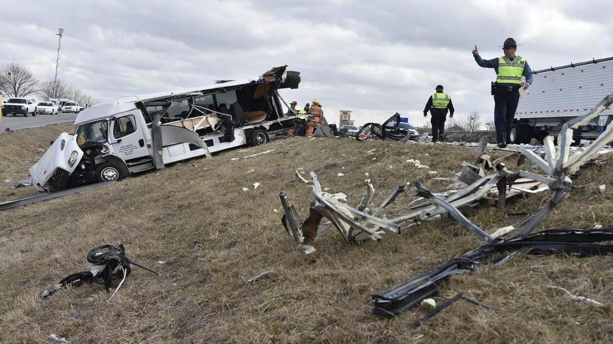 Two people were seriously injured Monday morning when a tractor-trailer sideswiped a tour bus parked on the westbound shoulder of Interstate 70 between Missouri 7 and Adams Dairy Parkway in Blue Springs. The bus, which was headed from St. Louis to Overland Park, had pulled over after a tire went flat.